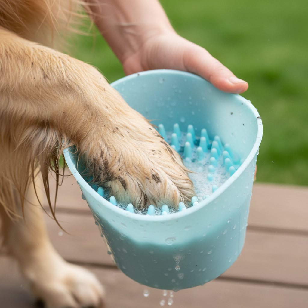 Close-up of dog paw being cleaned in silicone paw washer