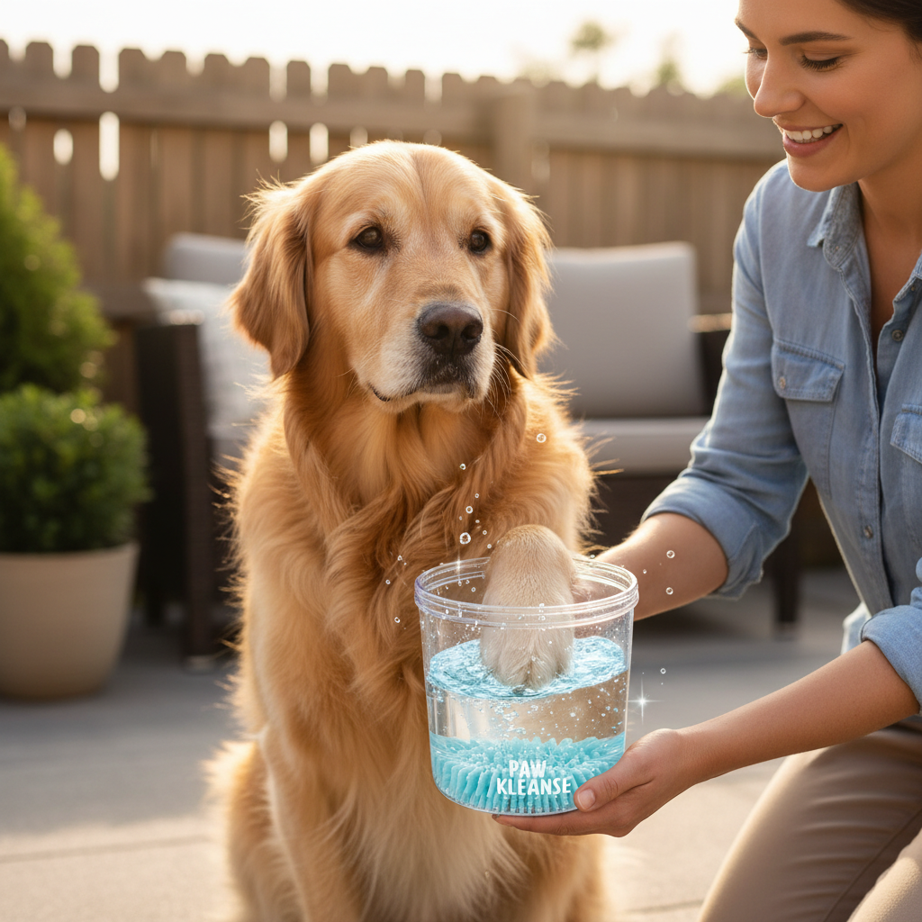 Person washing dog paw in paw washer cup